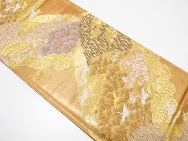 遠山に寺院風景模様織り出し袋帯